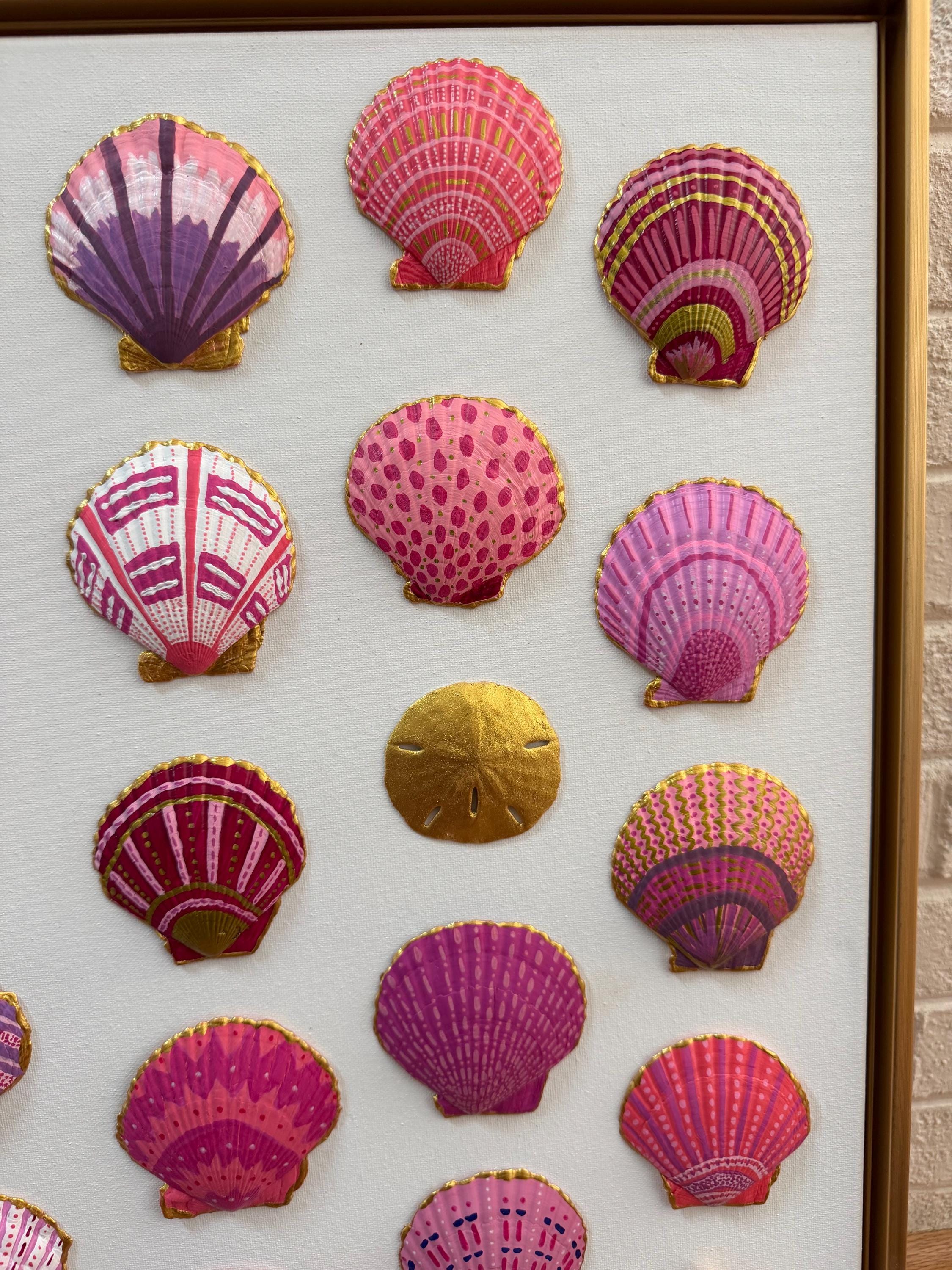Hand Painted Pink, Gold Seashell Art: Framed Coastal Wall Decor (20x24)