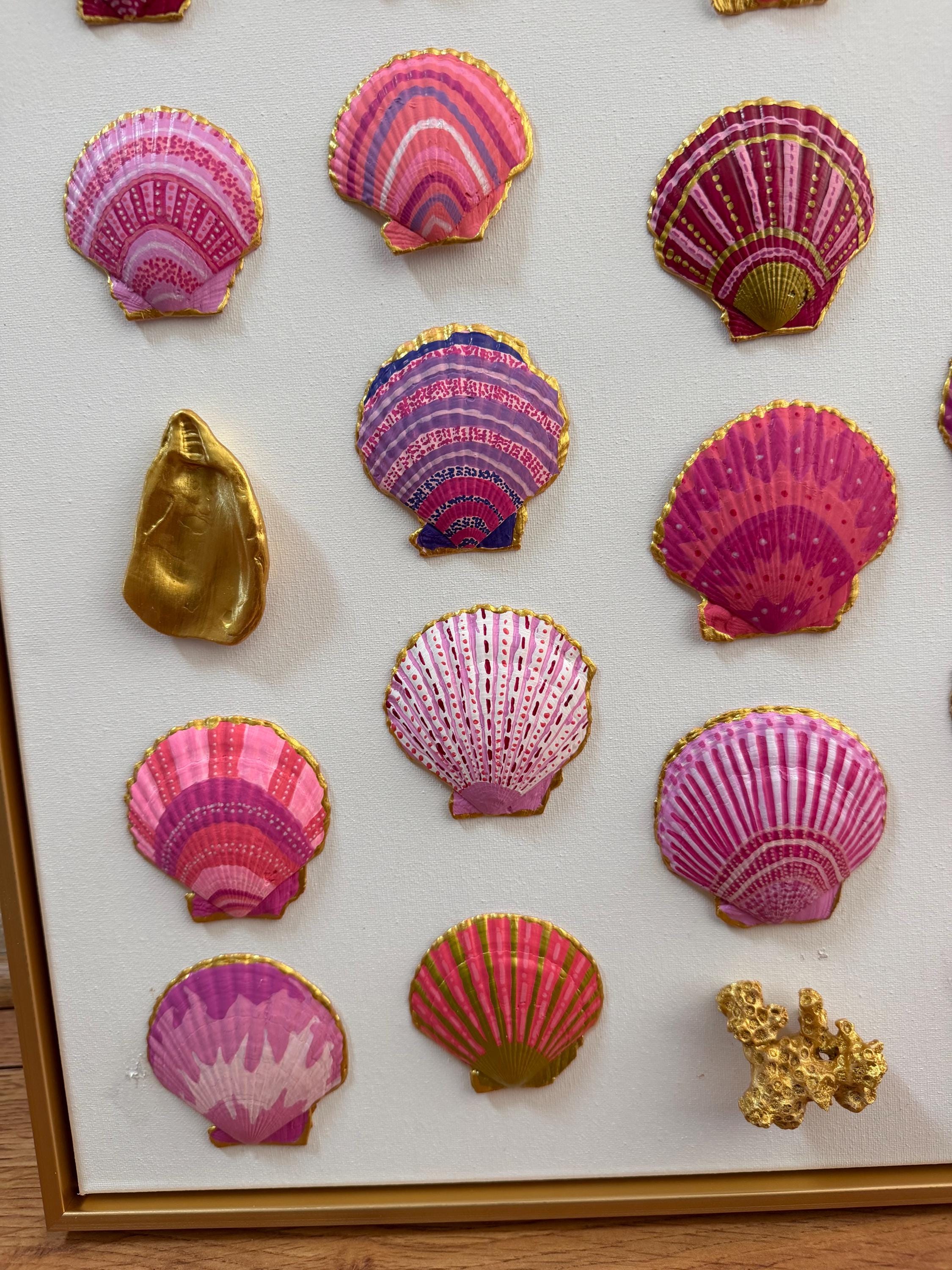 Hand Painted Pink, Gold Seashell Art: Framed Coastal Wall Decor (20x24)