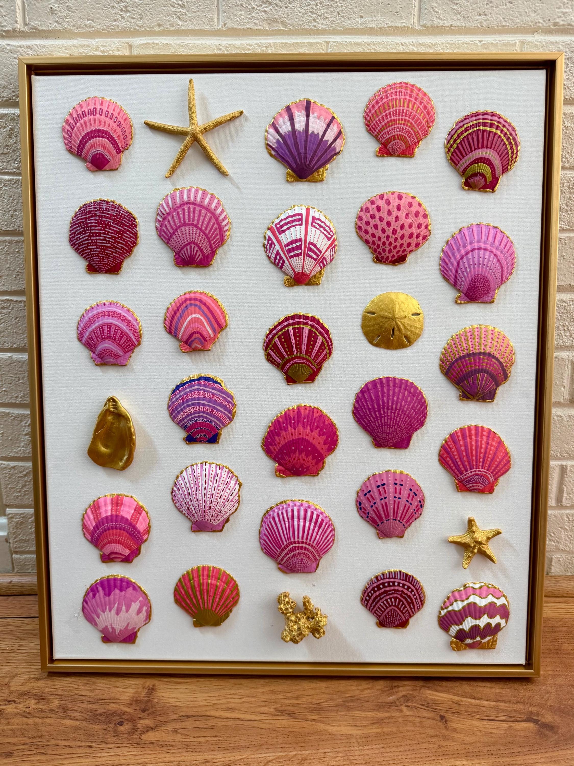 Hand Painted Pink, Gold Seashell Art: Framed Coastal Wall Decor (20x24)