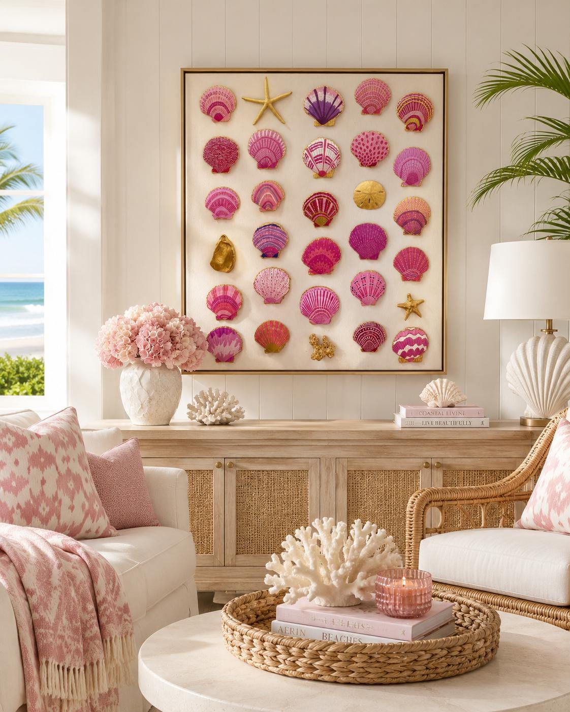 Hand Painted Pink, Gold Seashell Art: Framed Coastal Wall Decor (20x24)
