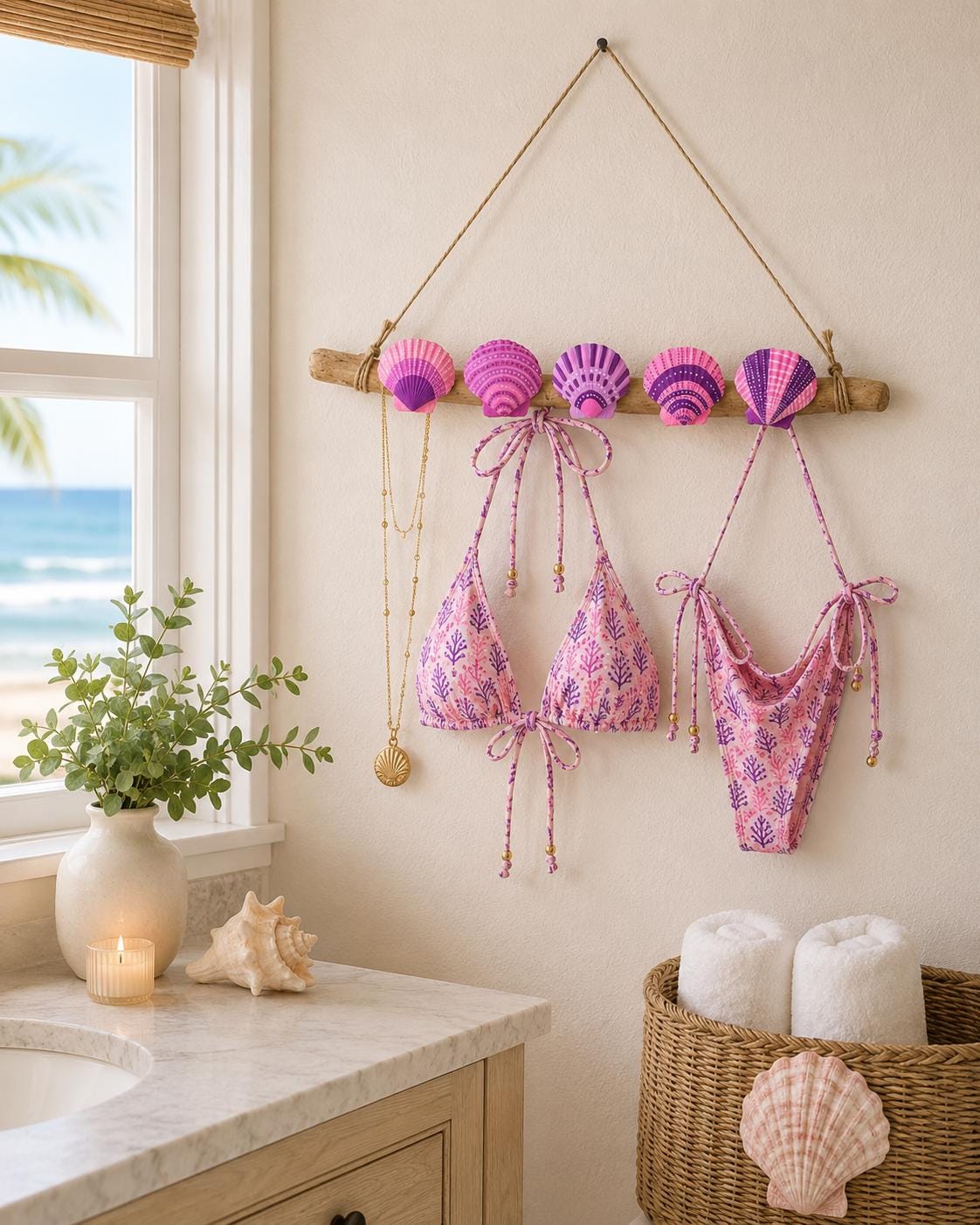 Hand Painted Pink and Purple Seashell & Driftwood Bikini + Accessory Hanger Rack