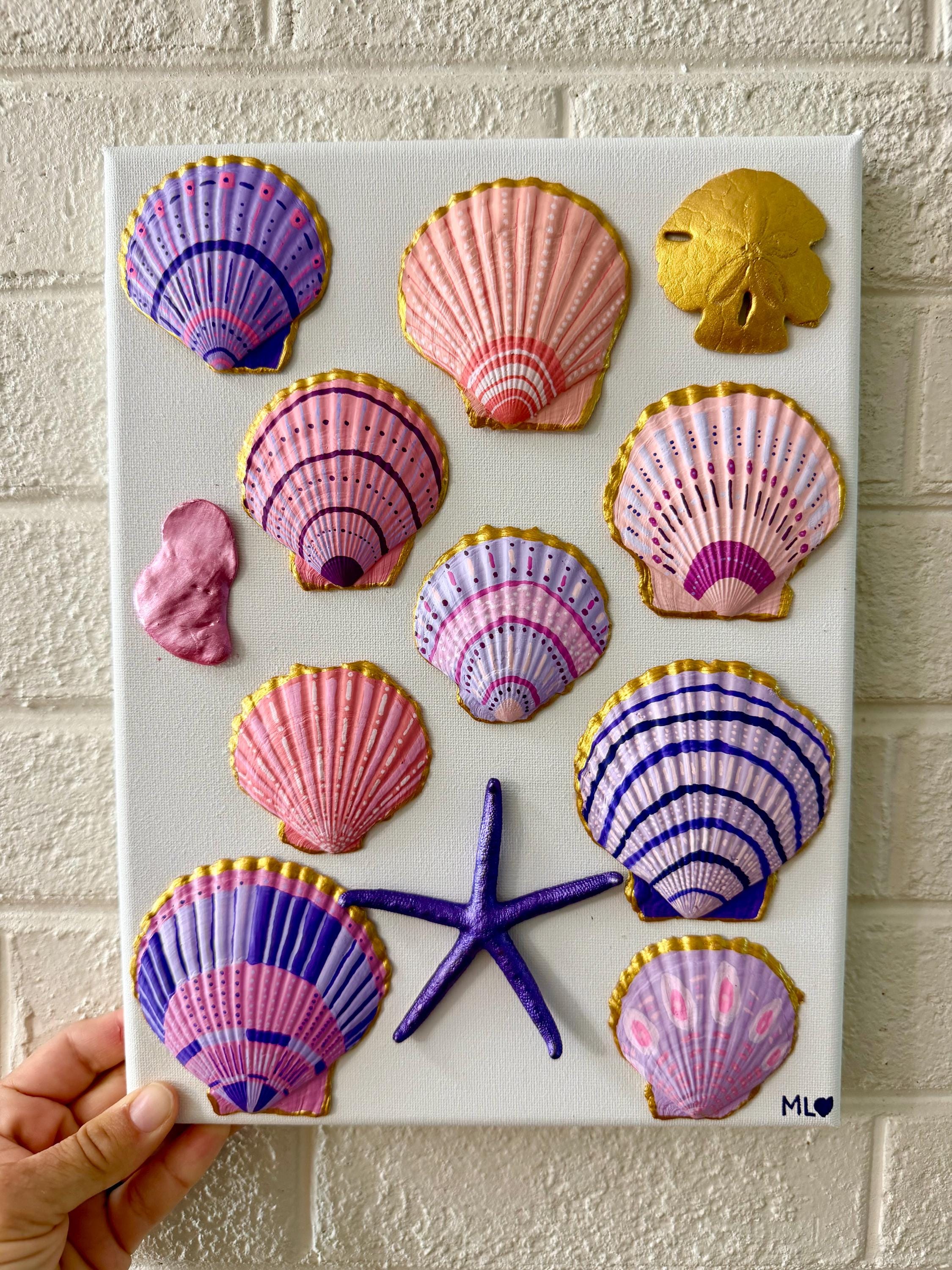Hand Painted Seashell Art. Pink, Purple, Gold. Coastal Decor 9x12 Wrapped Canvas.