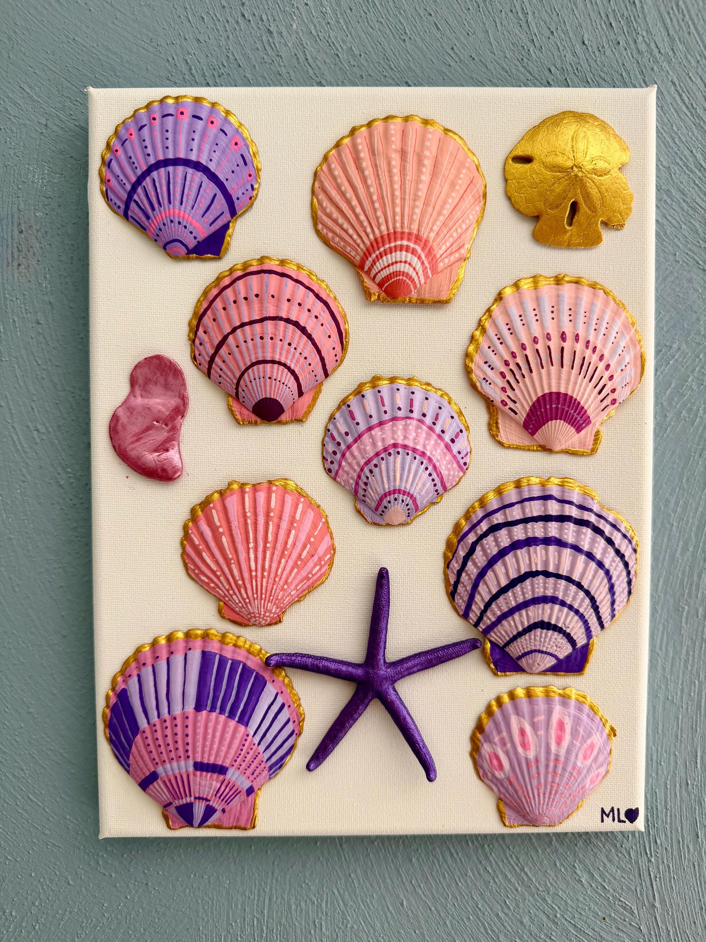 Hand Painted Seashell Art. Pink, Purple, Gold. Coastal Decor 9x12 Wrapped Canvas.