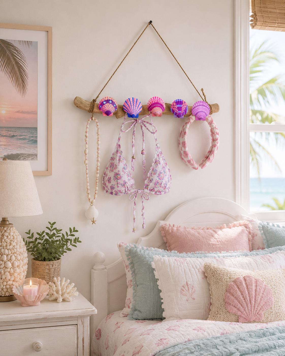 Hand Painted Purple & Pink Seashell Driftwood Bikini + Accessory Hanger Rack