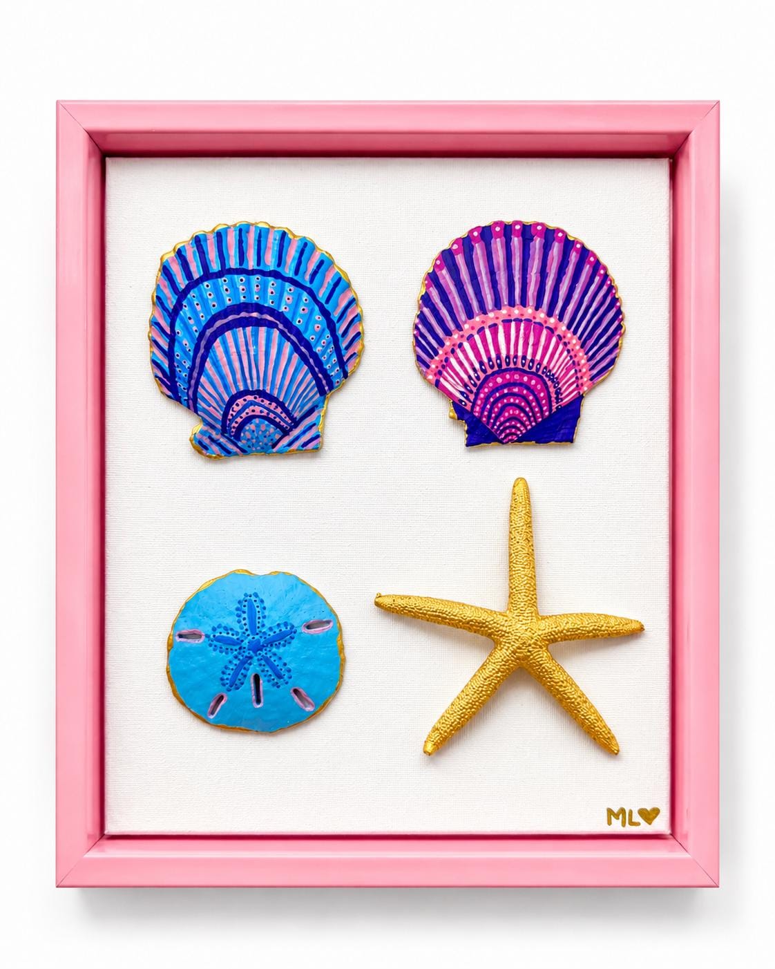 8x10 Framed Hand Painted Seashell Art. Pink Purple Blue Gold. Coastal Wall Decor for Beach House. Housewarming Gift for Ocean Lover.Handmade