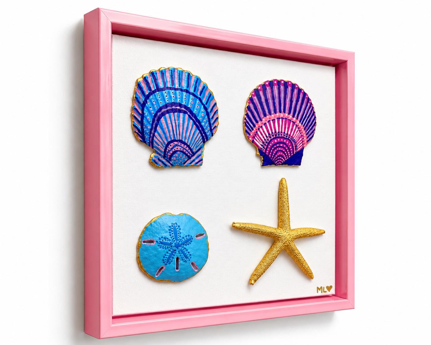 8x10 Framed Hand Painted Seashell Art. Pink Purple Blue Gold. Coastal Wall Decor for Beach House. Housewarming Gift for Ocean Lover.Handmade
