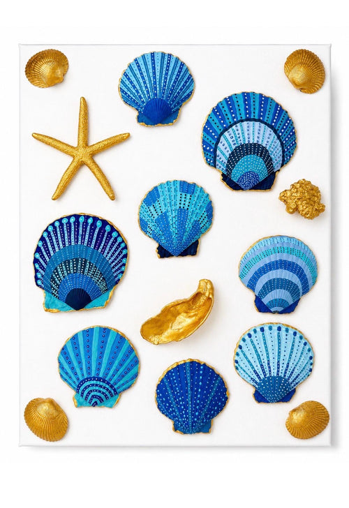 11x14 Hand Painted Seashell Art. Blue Teal Gold. Coastal Wall Decor for Beach House. Housewarming Gift for Ocean Lover. Handmade Art.