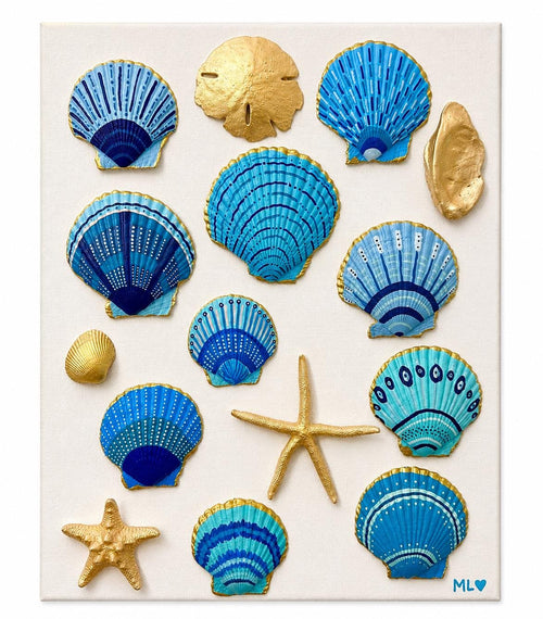 11x14 Hand Painted Seashell Art. Blue Champagne Gold. Coastal Wall Decor for Beach House. Housewarming Gift for Ocean Lover. Handmade Art.