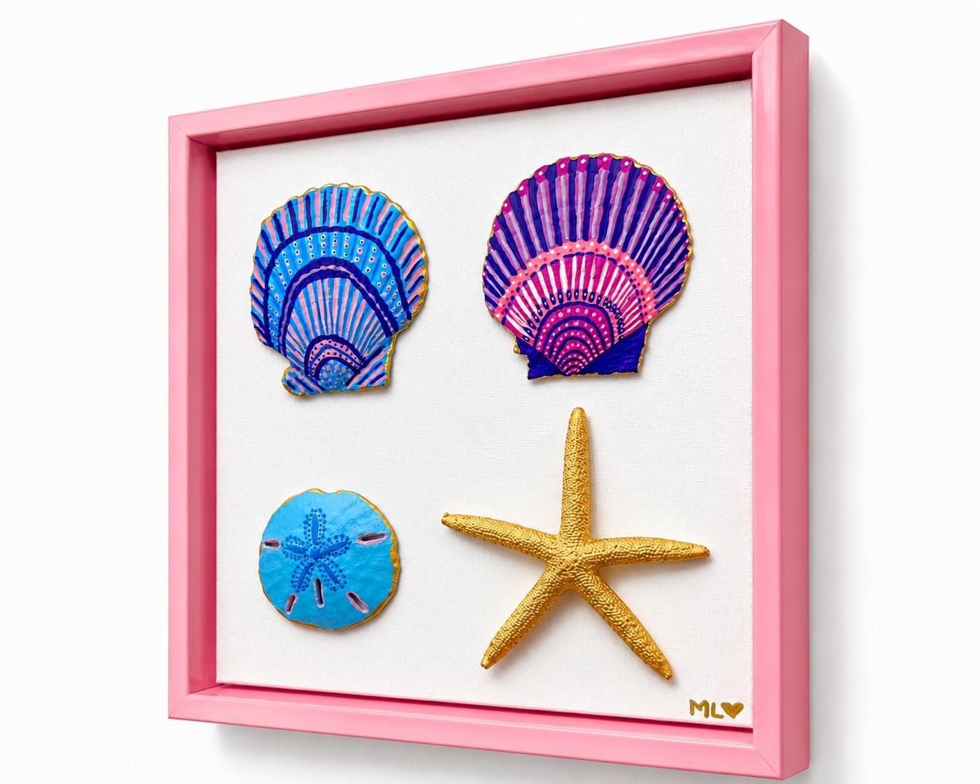 8x10 Framed Hand Painted Seashell Art. Pink Purple Blue Gold. Coastal Wall Decor for Beach House. Housewarming Gift for Ocean Lover.Handmade