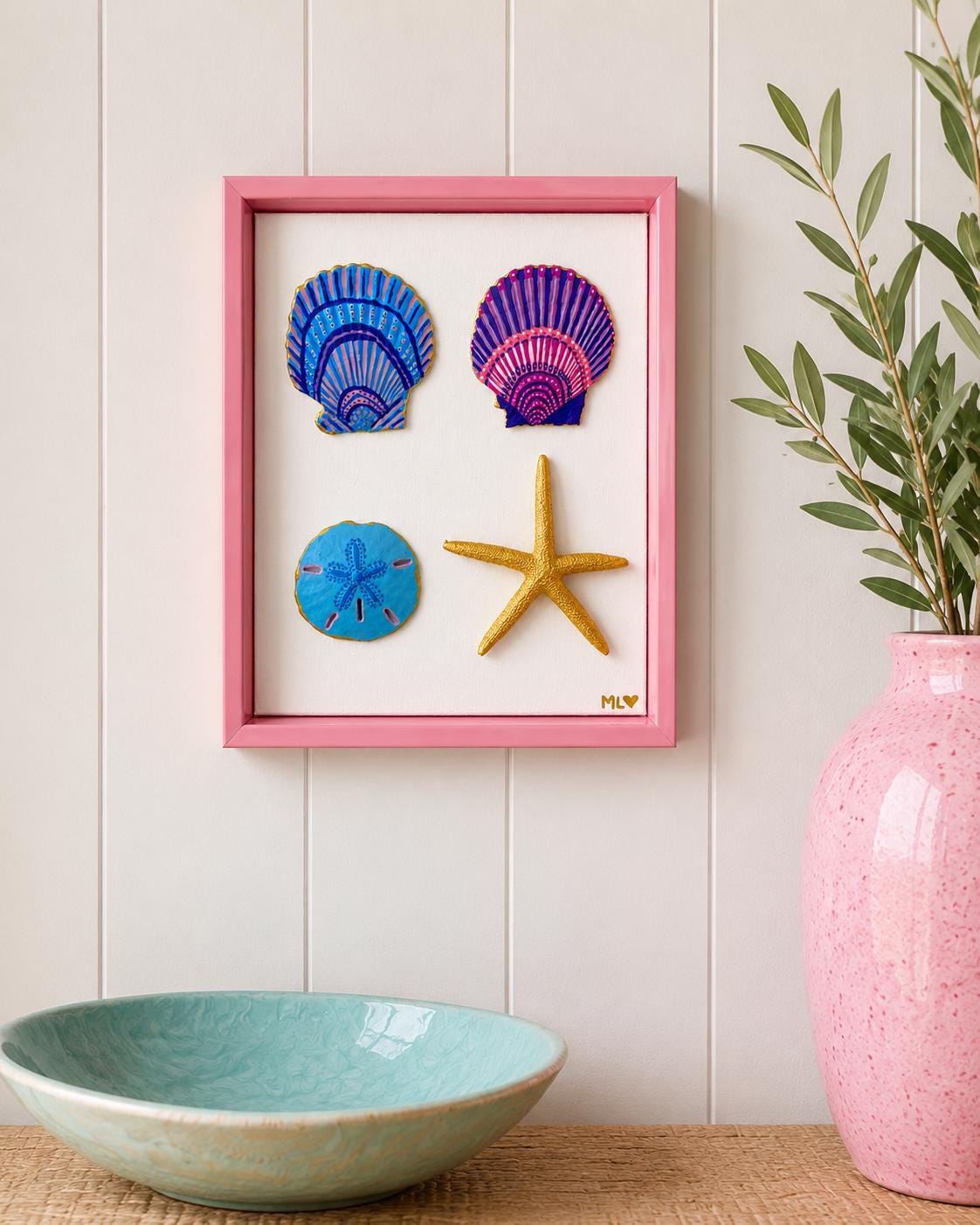 8x10 Framed Hand Painted Seashell Art. Pink Purple Blue Gold. Coastal Wall Decor for Beach House. Housewarming Gift for Ocean Lover.Handmade